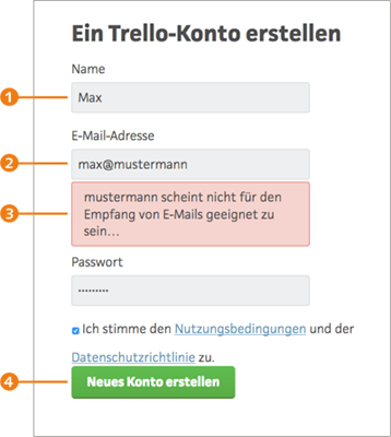 Das Registrierungsformular bei trello.com/signup mit den typischen Formularelementen