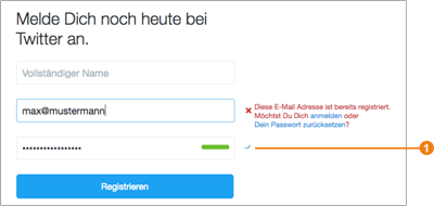 Bei twitter.com wird gleich das Passwort bewertet und die E-Mail-Adresse direkt validiert.