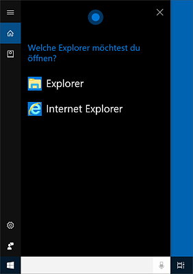 Bei mehrdeutigen Befehlen (z. B. »Starte Explorer«) bietet Cortana die bestehenden Möglichkeiten zur Auswahl an.